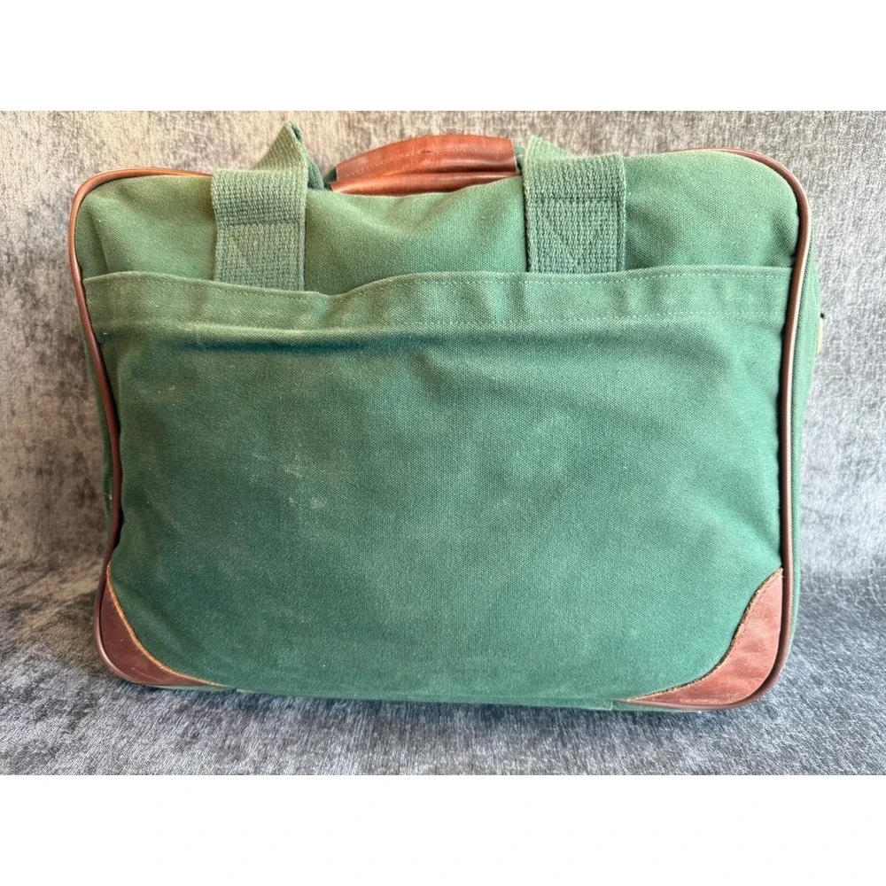 Vintage Lands' End Green Canvas Leather Trim Travel Duffle Bag Luggage Briefcase